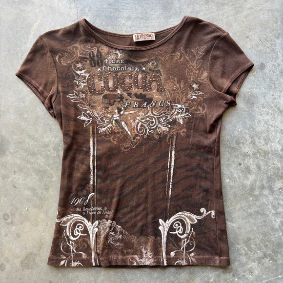 Blue Canyon Chocolate Cocoa T-Shirt Women's PS Brown Short Sleeve Ribbed Graphic - Picture 1 of 9